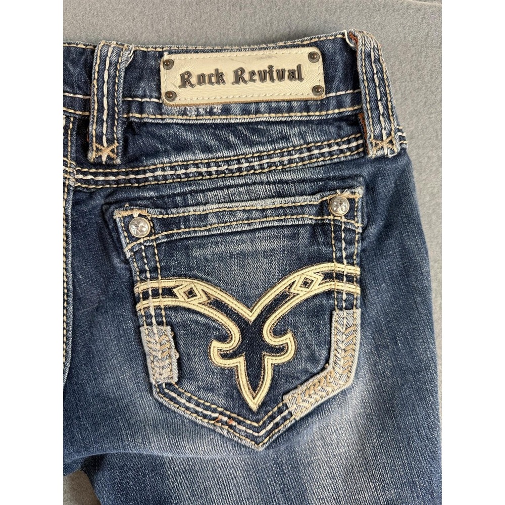 Rock Revival Denisa Womens 28 Medium Wash Low Rise Bootcut Distressed Jeans 3373